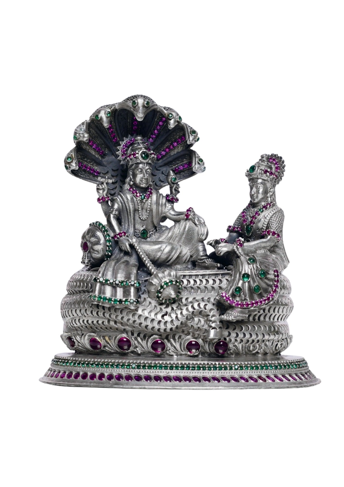 Lord Vishnu & Goddess Lakshmi Idol on Sheshnag Throne in Pure Silver 925 (320g)