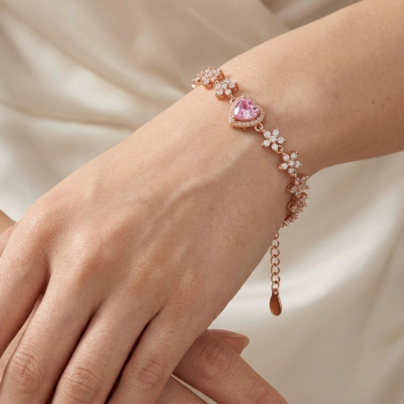 Rosy Heart Daisy Chain Rose Gold 925 Sterling Silver Bracelet