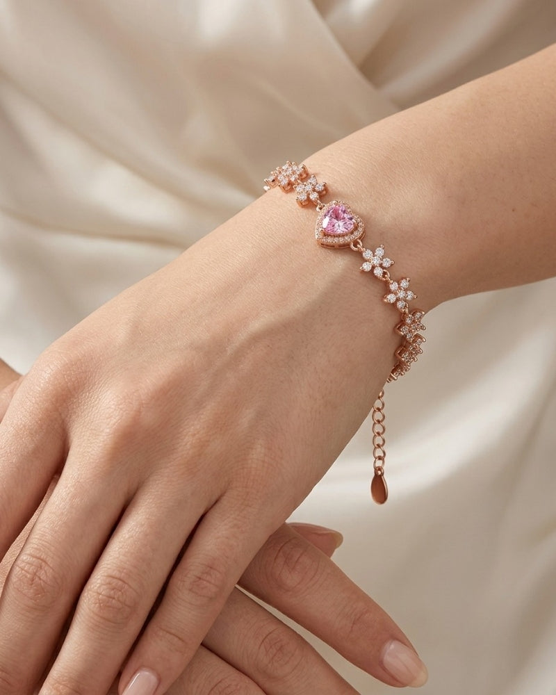 Rosy Heart Daisy Chain Rose Gold 925 Sterling Silver Bracelet