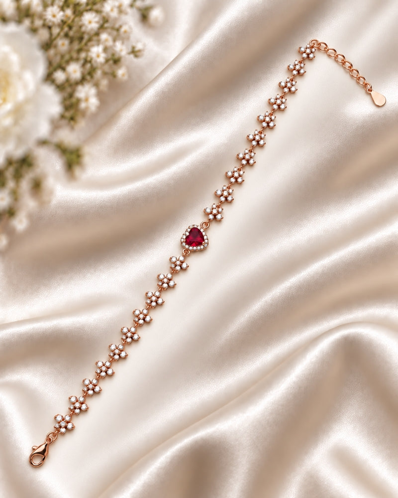 Crimson Heart Blossom Link Rose Gold 925 Sterling Silver Bracelet