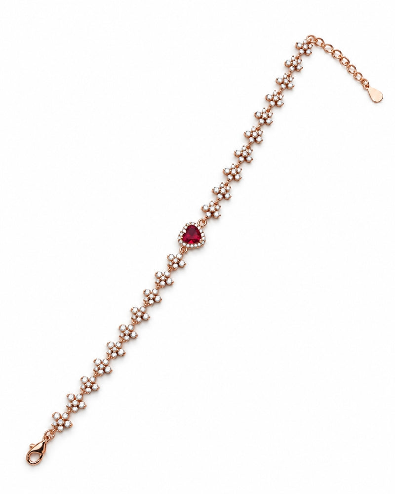 Crimson Heart Blossom Link Rose Gold 925 Sterling Silver Bracelet