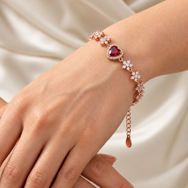 Crimson Heart Blossom Link Rose Gold 925 Sterling Silver Bracelet