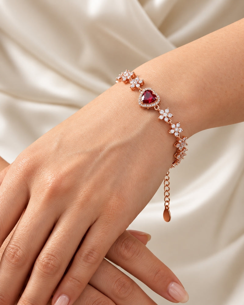 Crimson Heart Blossom Link Rose Gold 925 Sterling Silver Bracelet