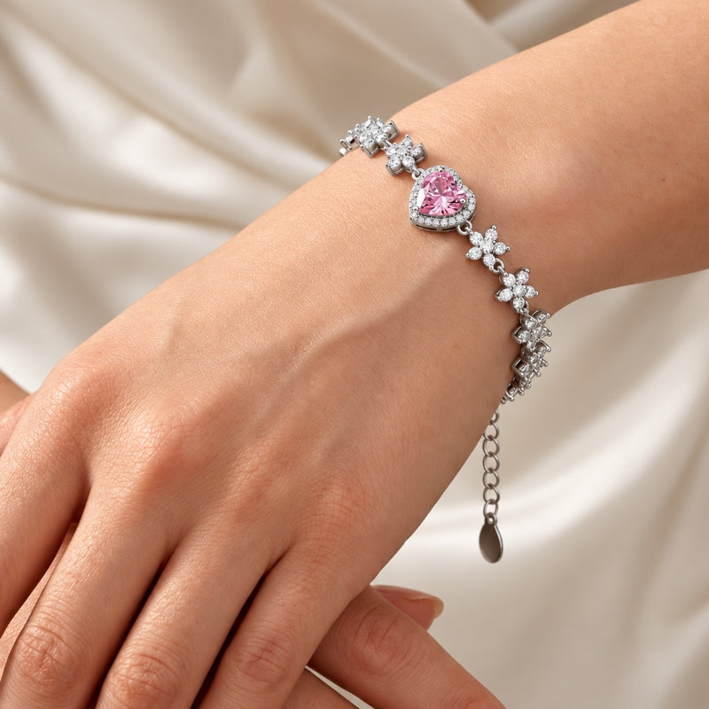 Blush Heart Flower Garden 925 Sterling Silver Bracelet