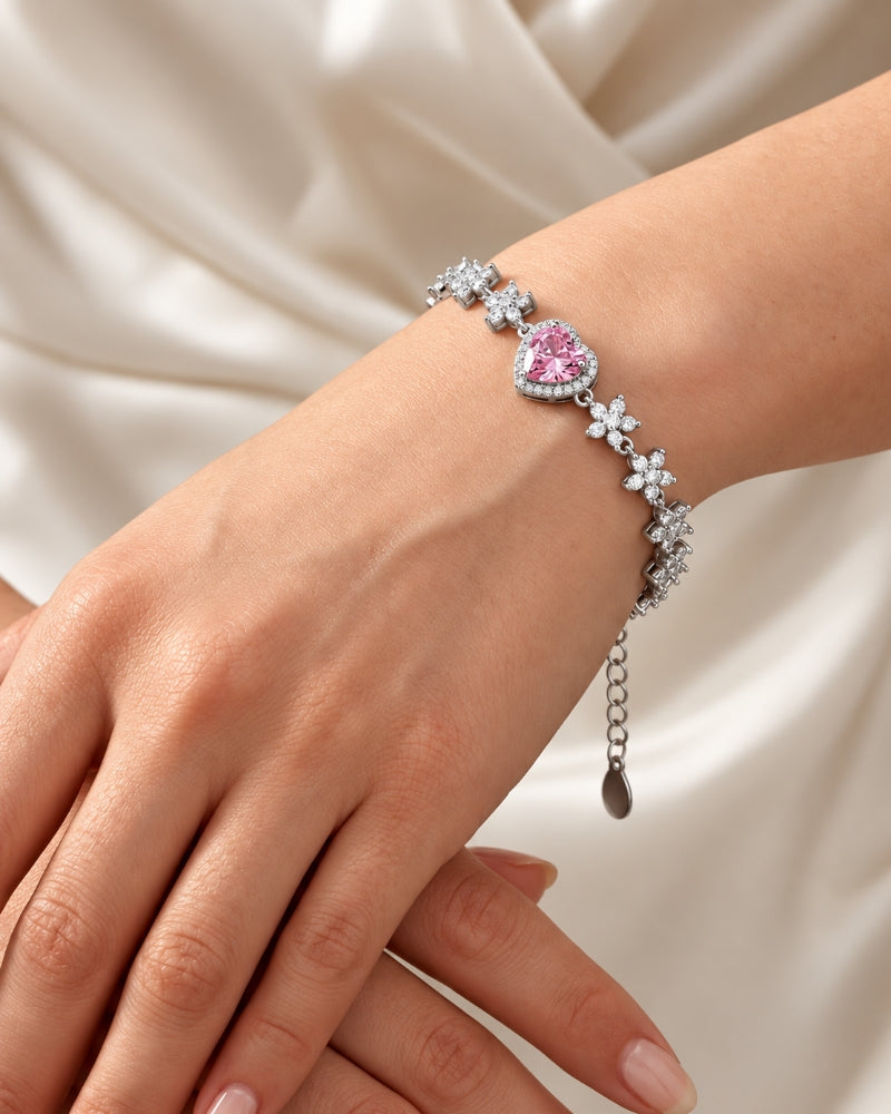 Blush Heart Flower Garden 925 Sterling Silver Bracelet