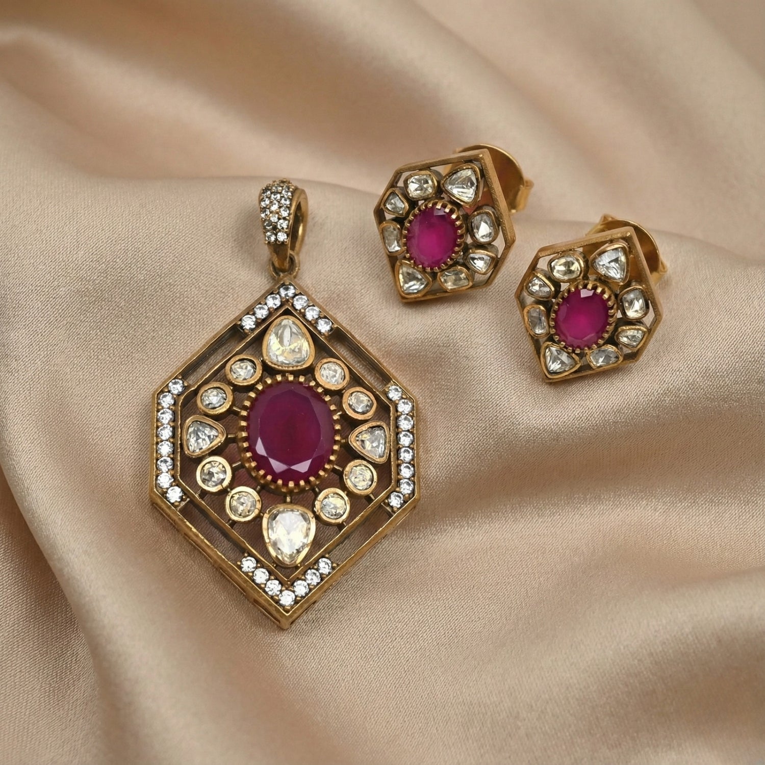 Regal Crimson Radiance Moissanite Jewelry Set in Silver 925
