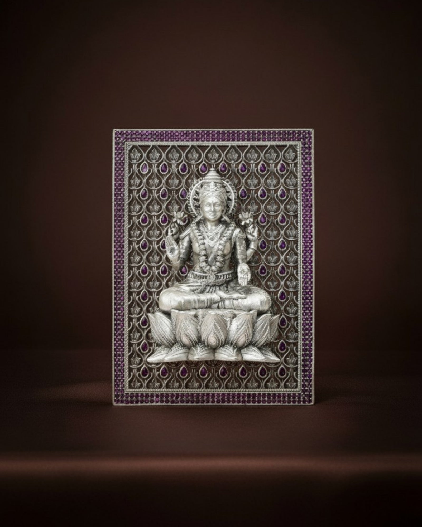 Goddess Lakshmi on Lotus – Pure Silver 3D Frame with Gemstone Detailing