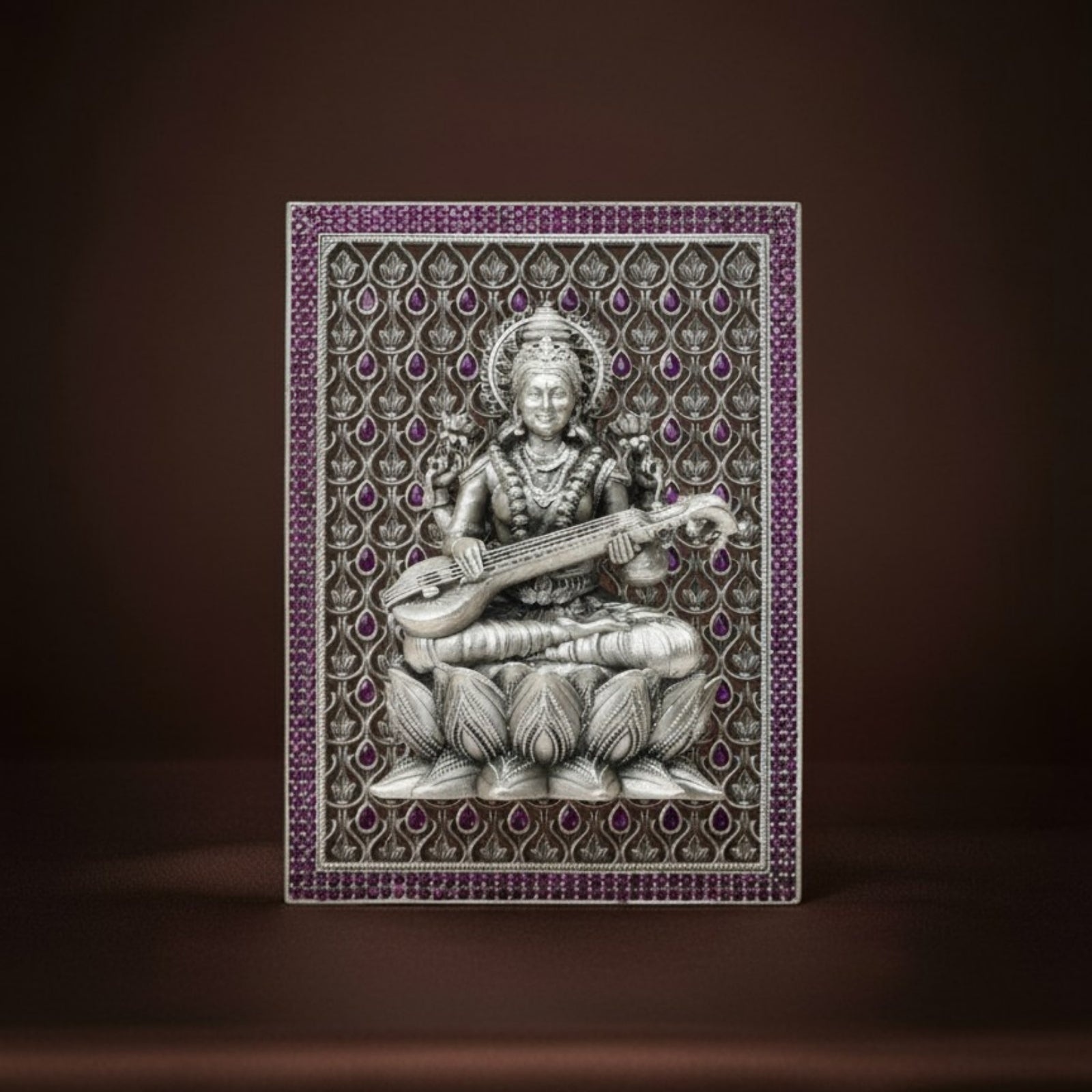 Goddess Saraswati on Lotus – Silver 925 3D Frame