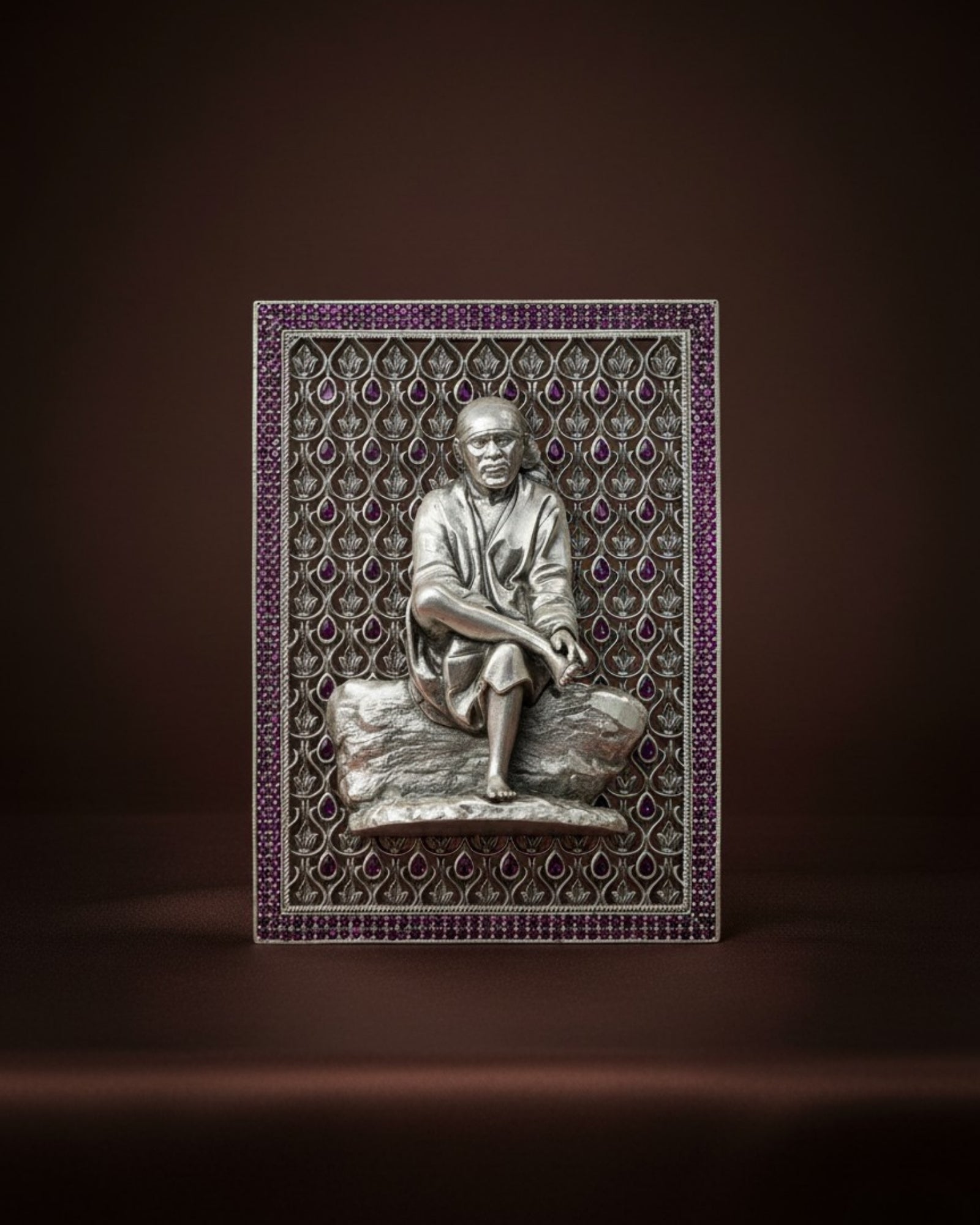 Sai Baba – Pure Silver 3D Frame with Gemstone Detailing