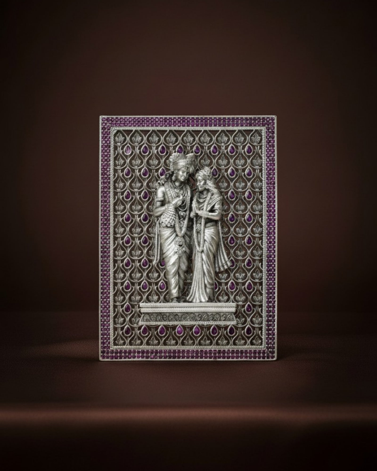 Radha Krishna – Pure Silver 3D Frame with Gemstone Detailing