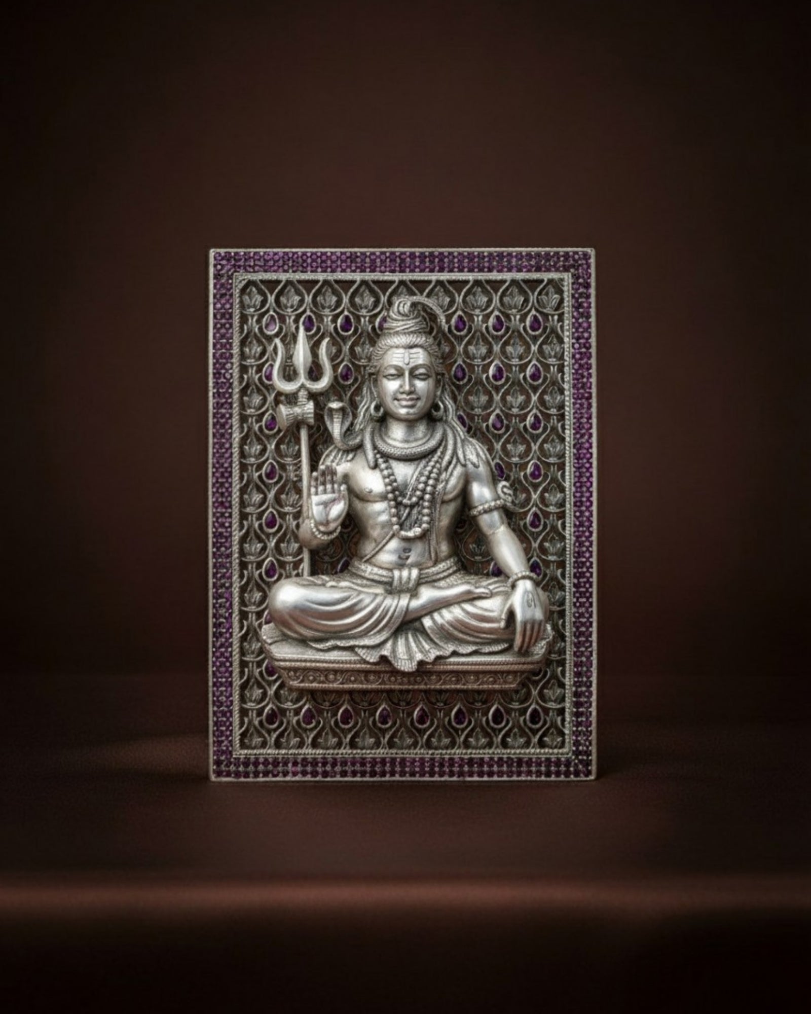 Lord Shiva – Pure Silver 3D Frame with Gemstone Detailing