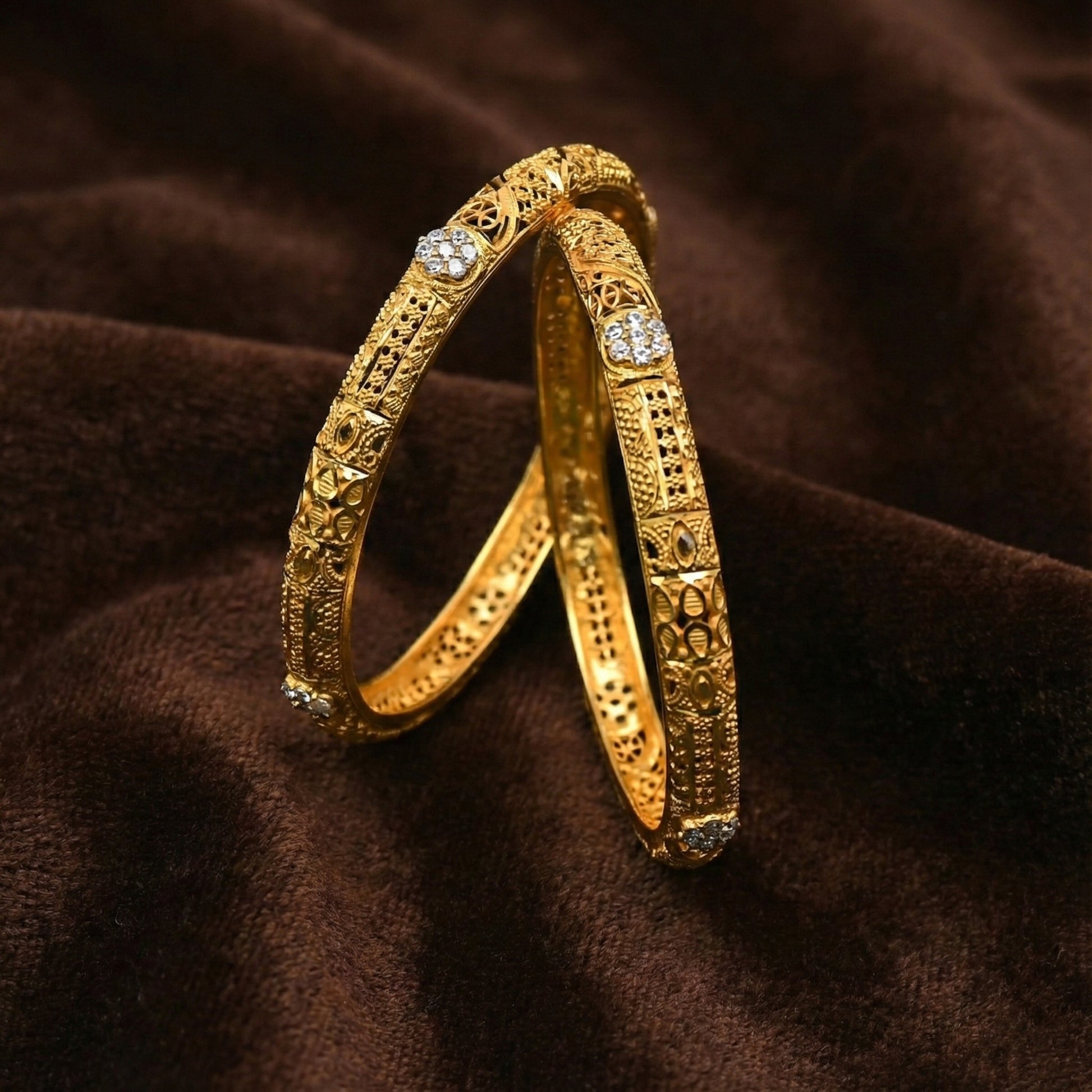 Velrona Textured Engraved Bangles in Silver 925 (Gold Polished)