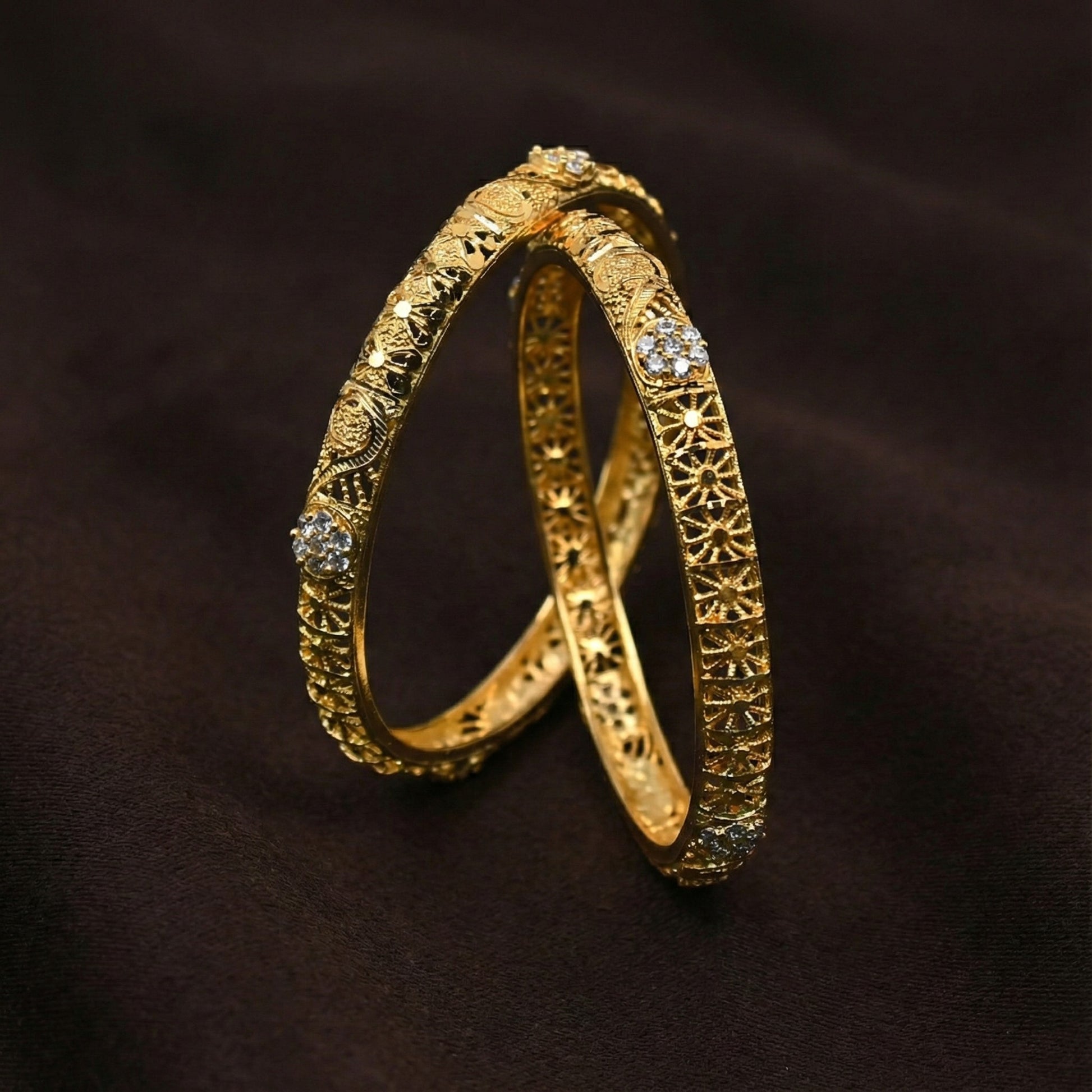 Oravelle Floral Engraved Bangles in Silver 925 (Gold Polished)