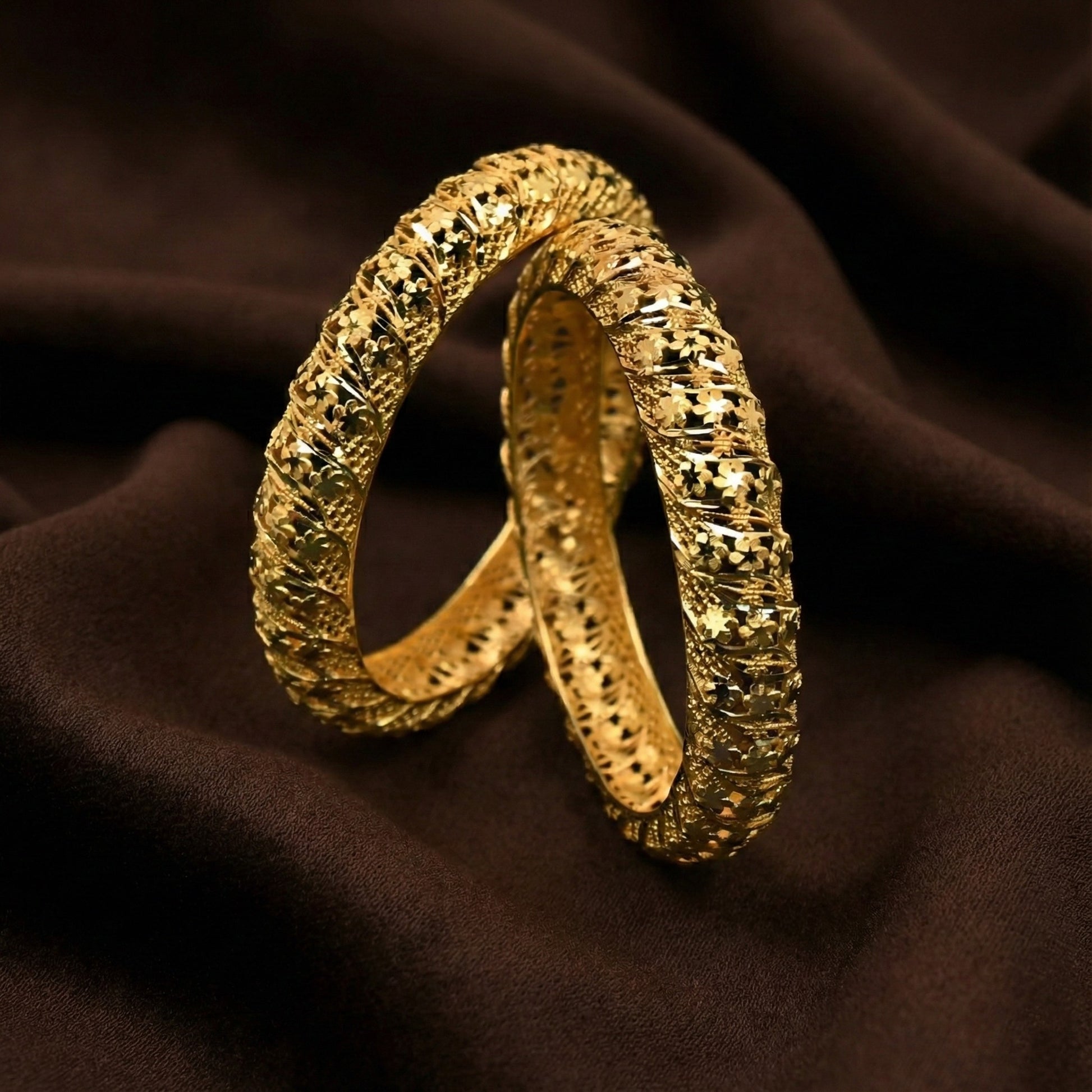 Valerith Dense Floral Engraved Bangles in Silver 925 (Gold Polished)