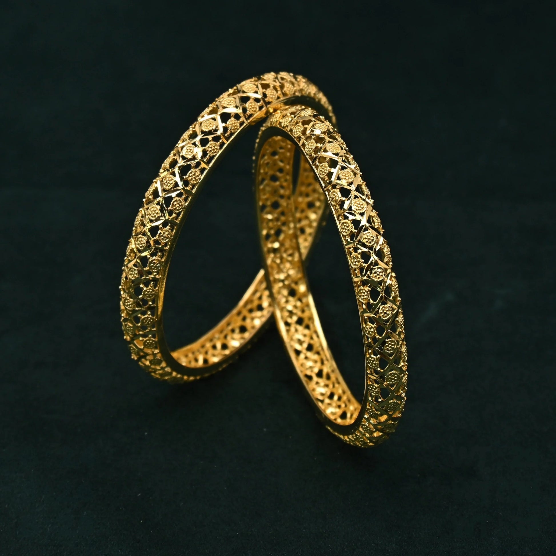 Seravine Lattice Floral Engraved Bangles in Silver 925 (Gold Polished)