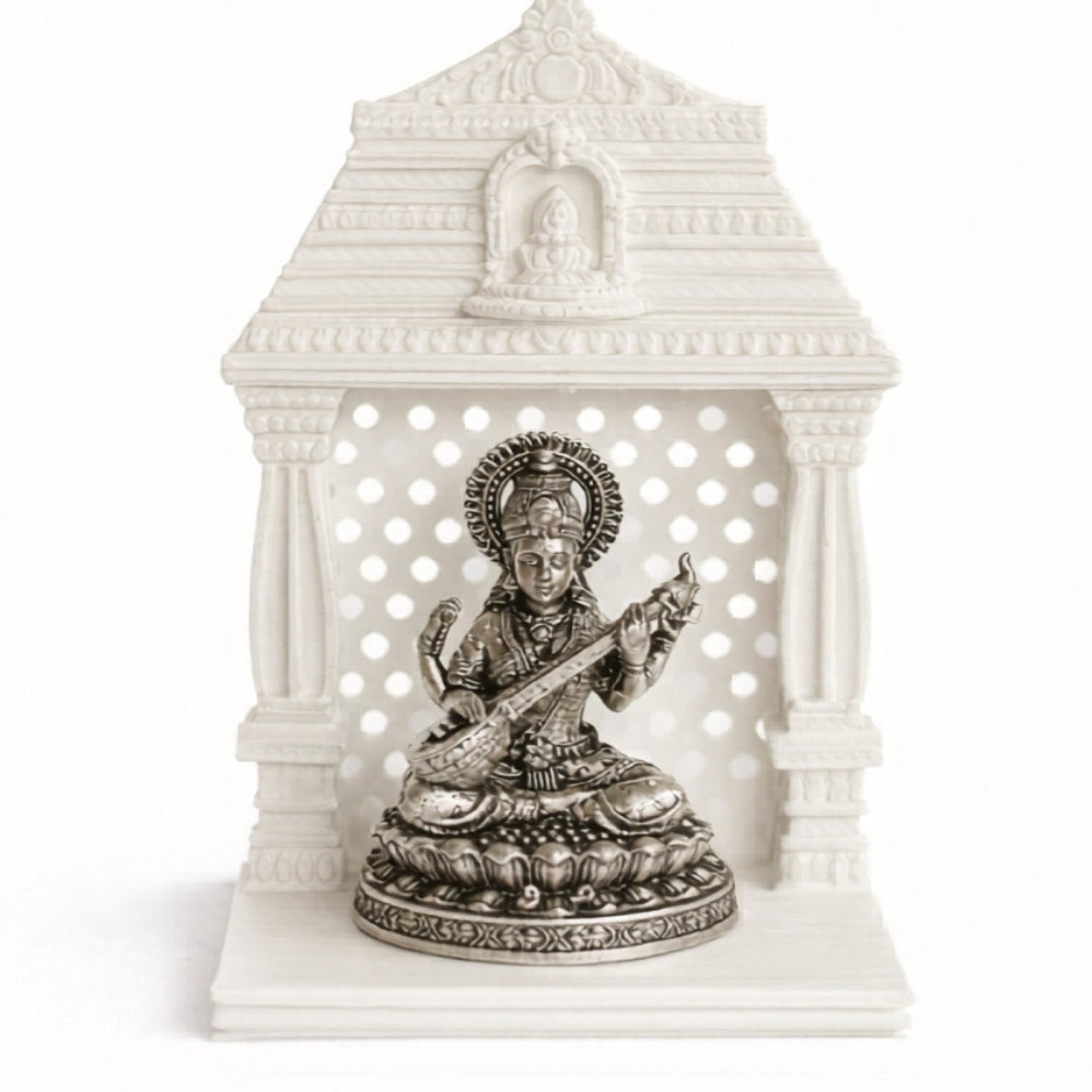 Maa Saraswati Silver Idol With Mandir
