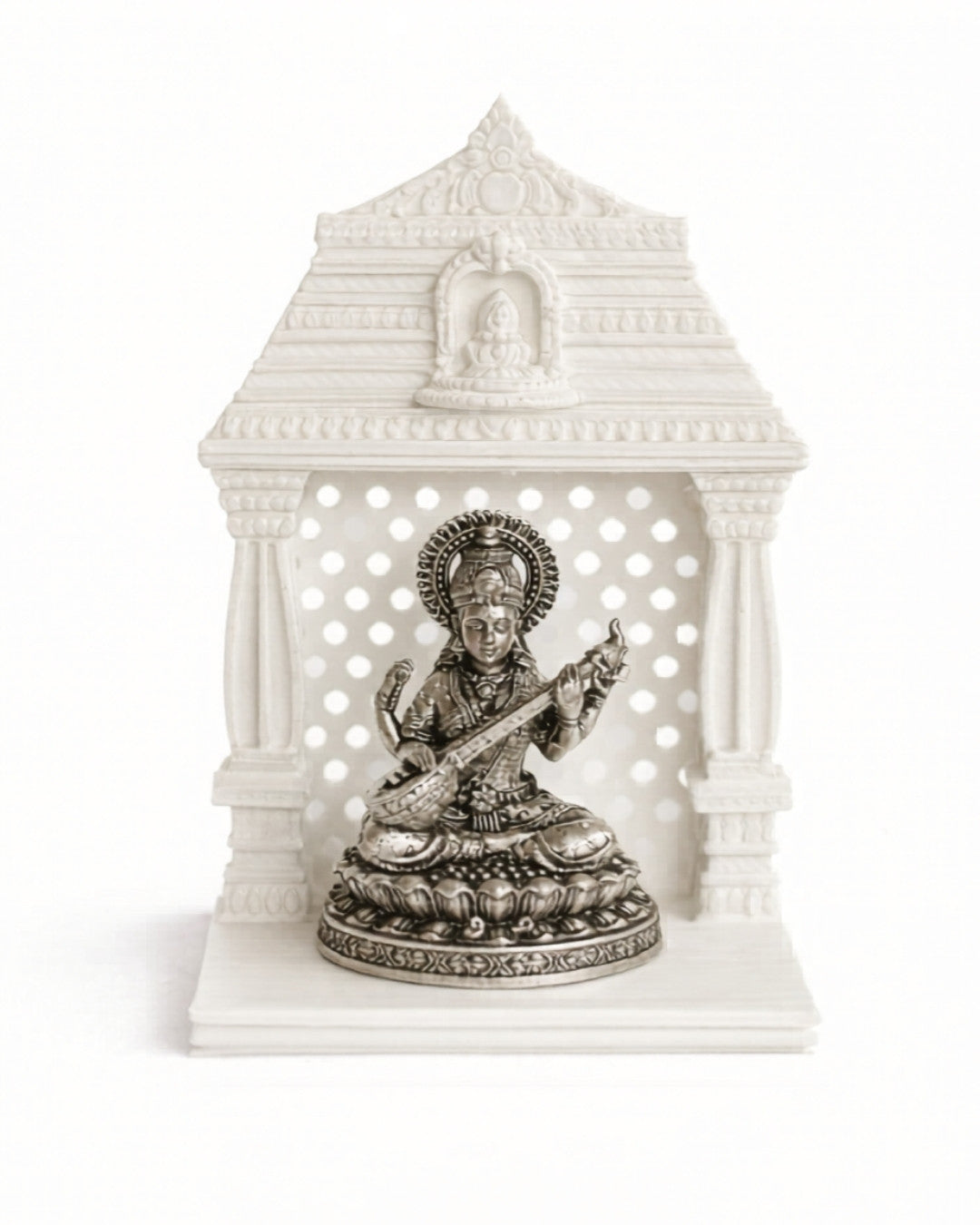 Maa Saraswati Silver Idol With Mandir