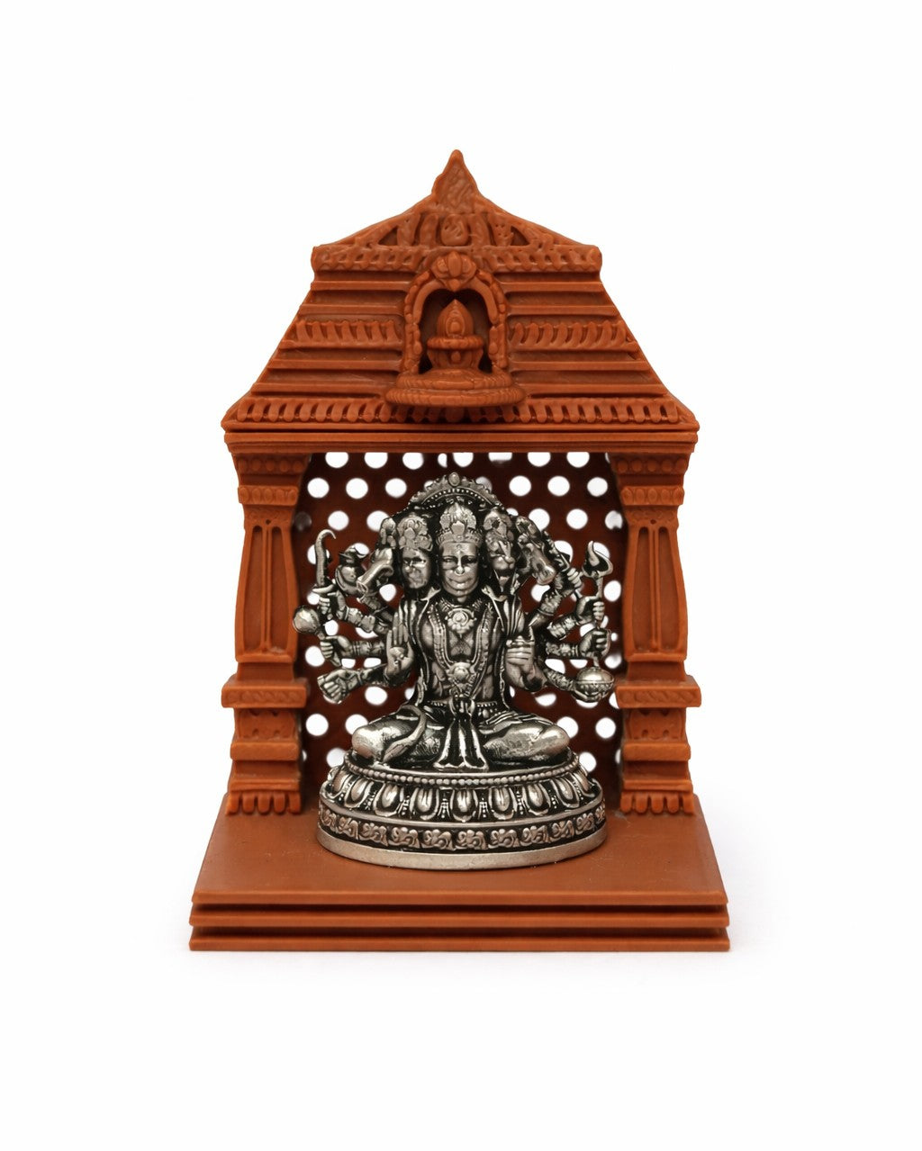 Panchamukhi Hanuman Silver Idol With Brown Mandir