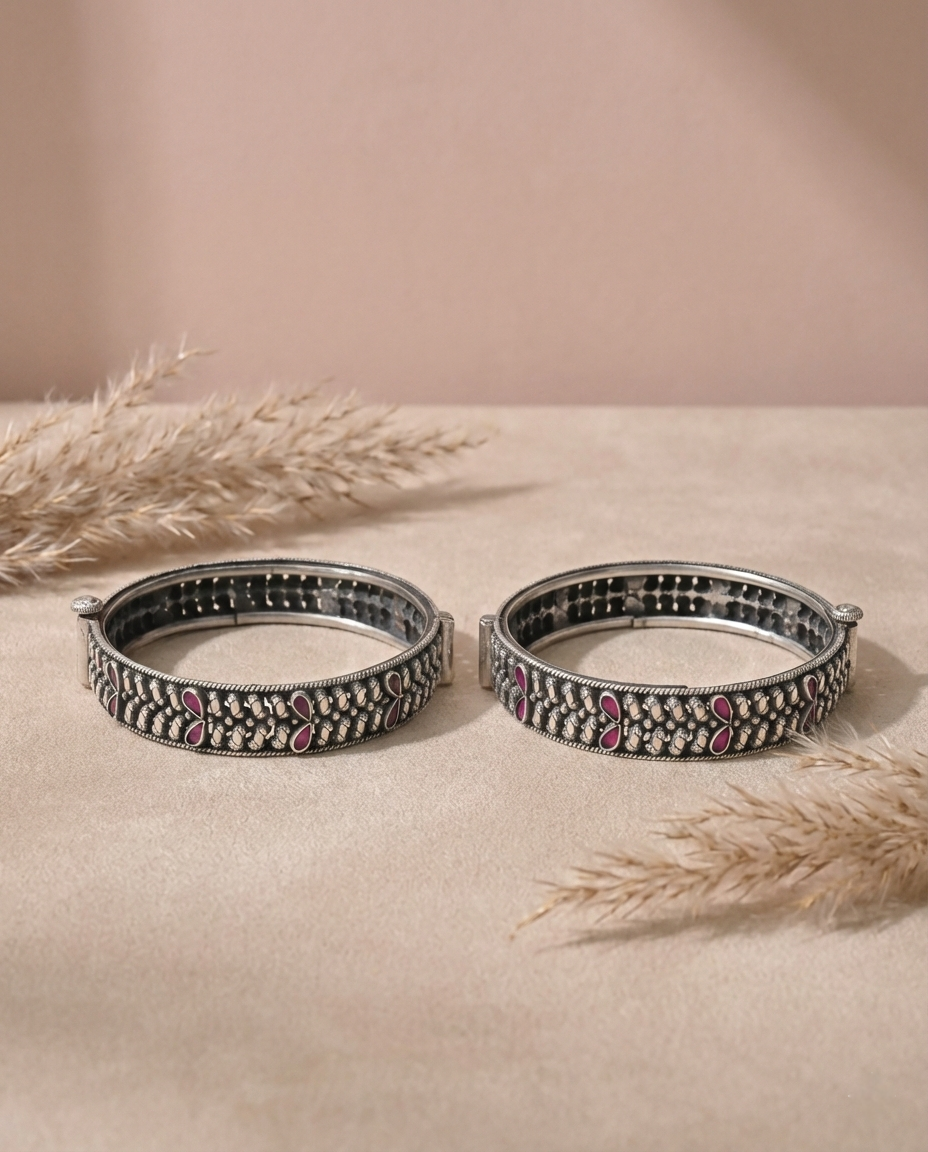 Eshani Phool Oxidised Silver 925 Bangle Pair