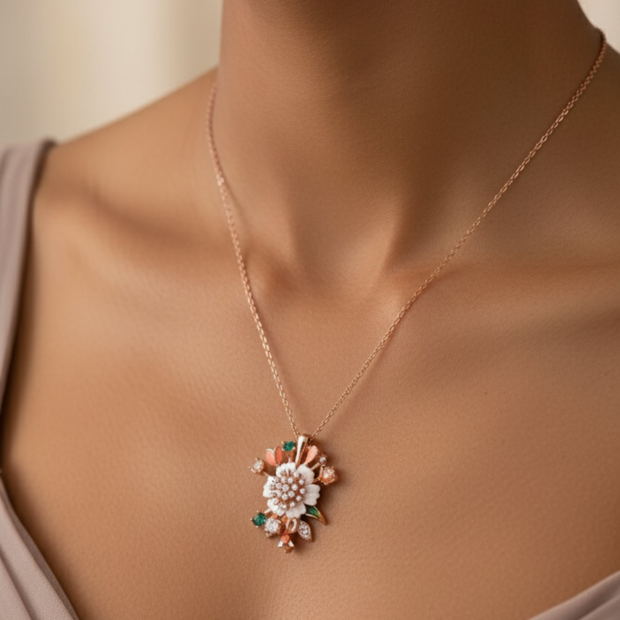 Rajatva Silver 925 Verdura Necklace rose-gold finish with a floral pendant on a female model's neck