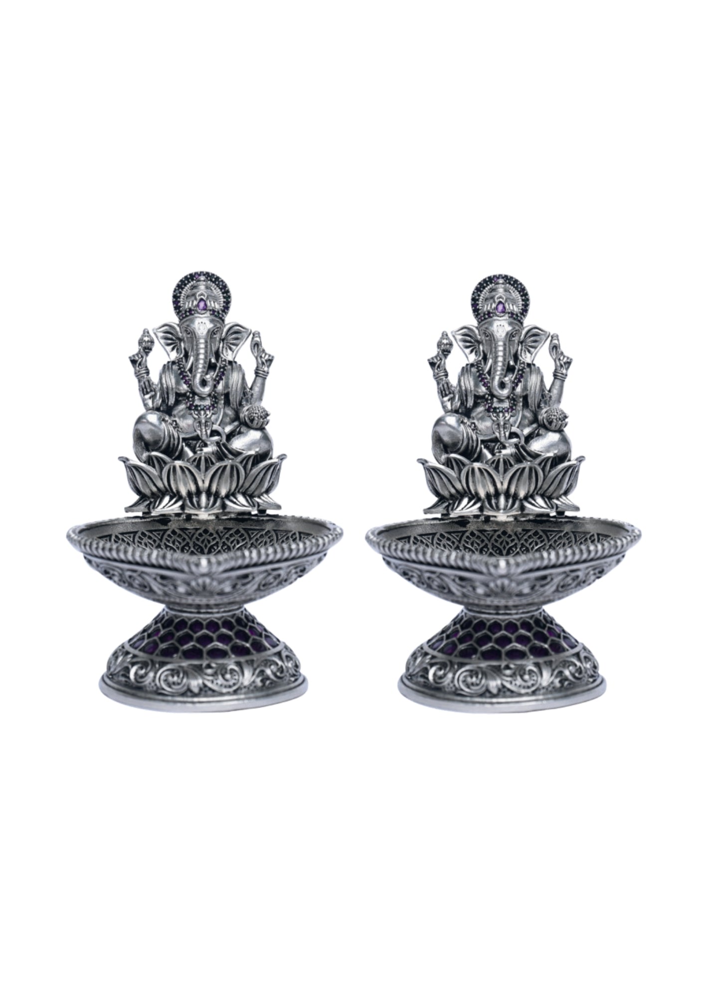 Divine Ganesha Silver Diya Pair Crafted in 180g Pure Silver 925
