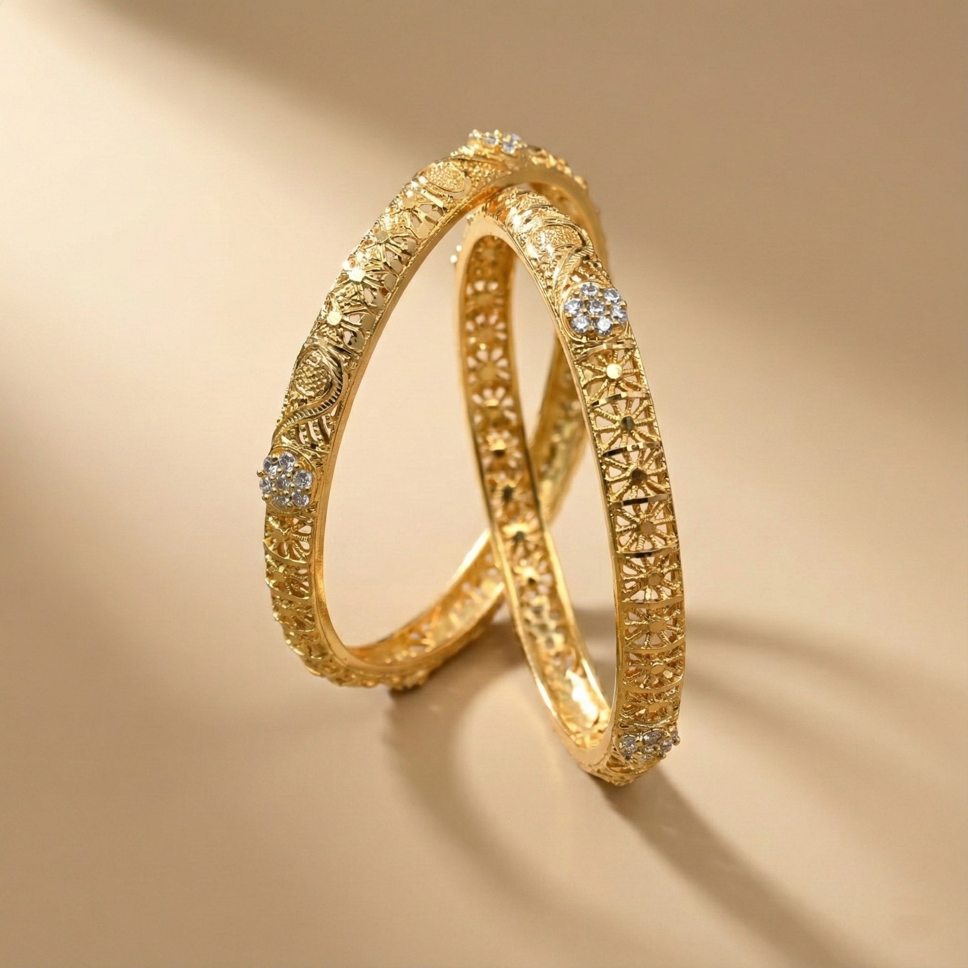 Oravelle Floral Engraved Bangles in Silver 925 (Gold Polished)