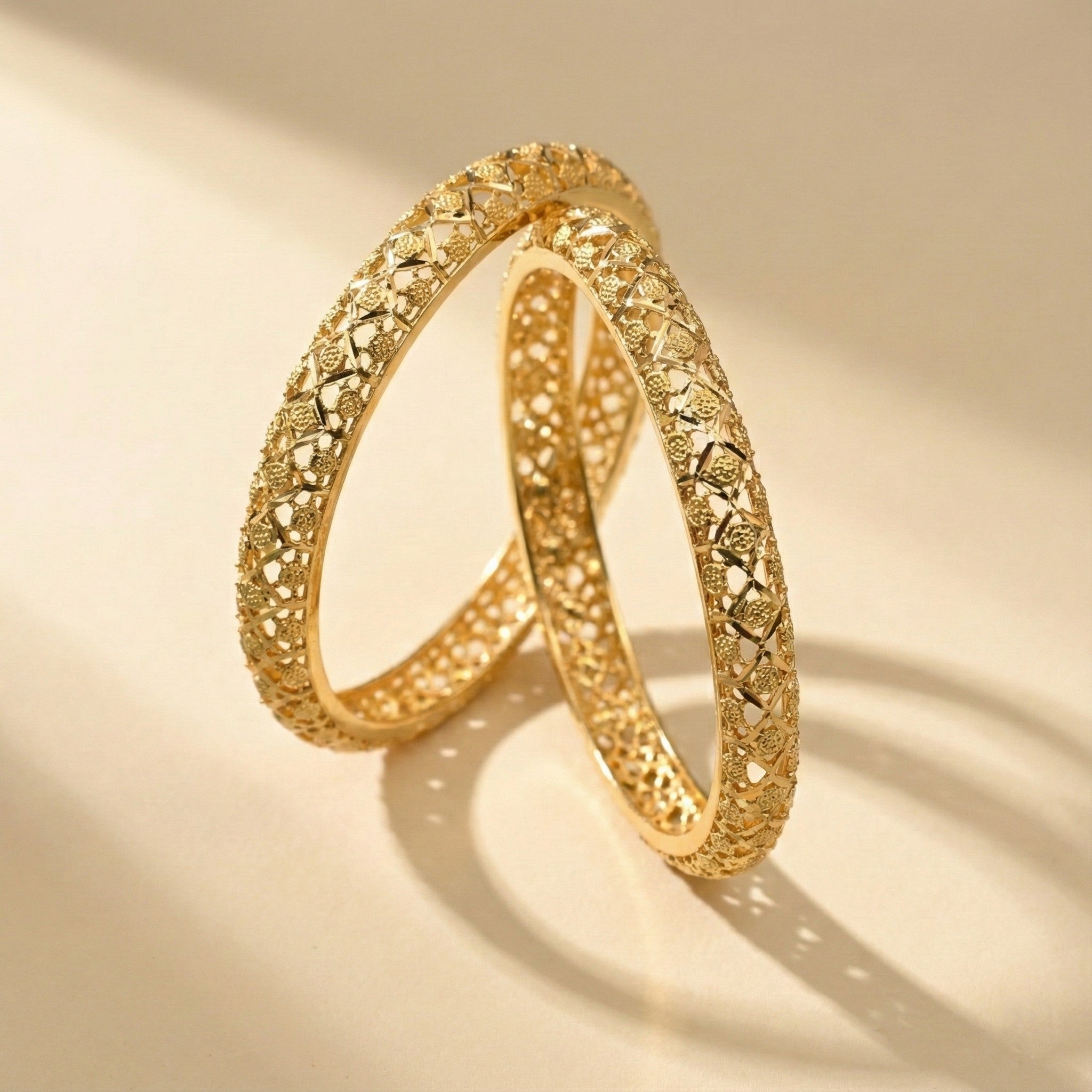 Seravine Lattice Floral Engraved Bangles in Silver 925 (Gold Polished)