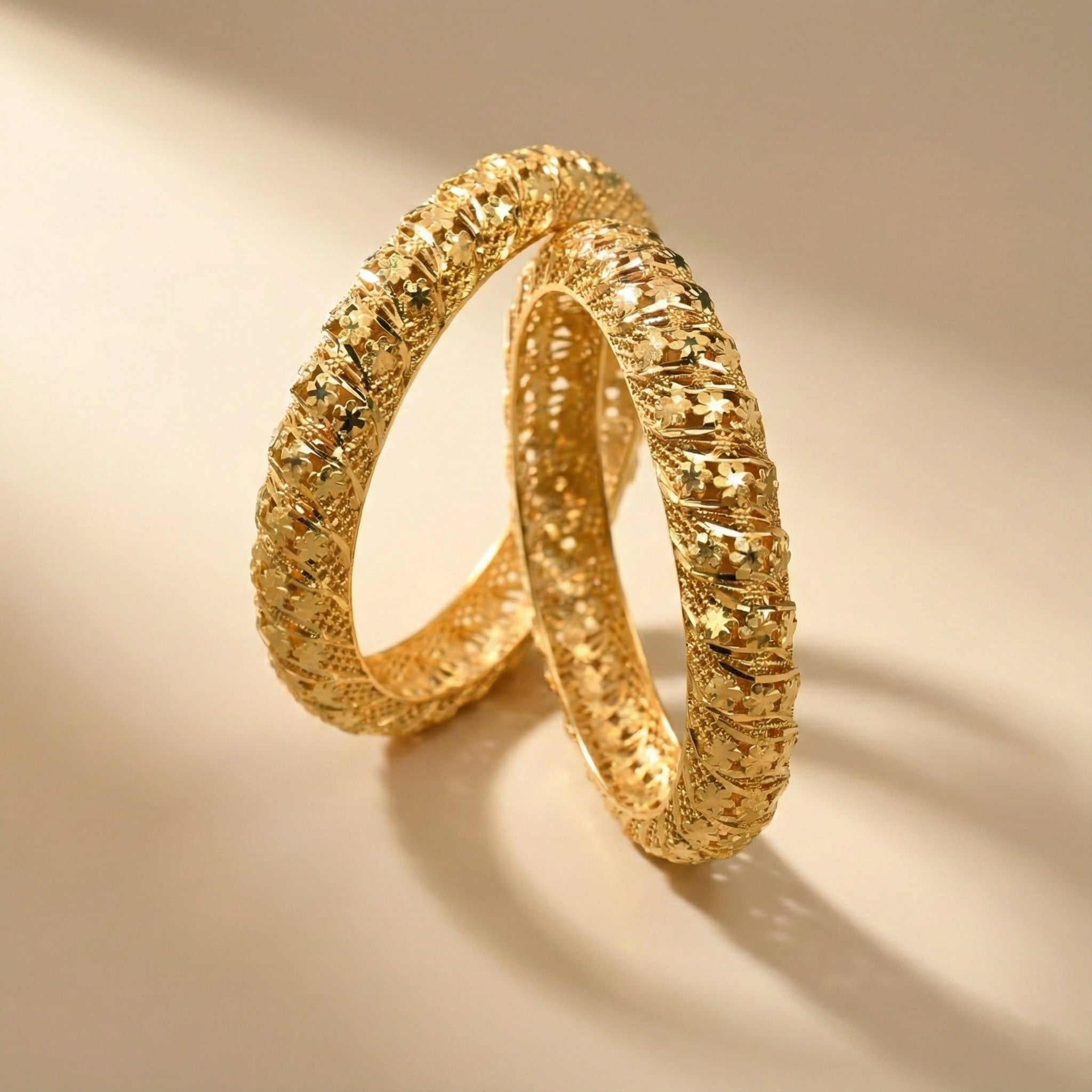 Valerith Dense Floral Engraved Bangles in Silver 925 (Gold Polished)