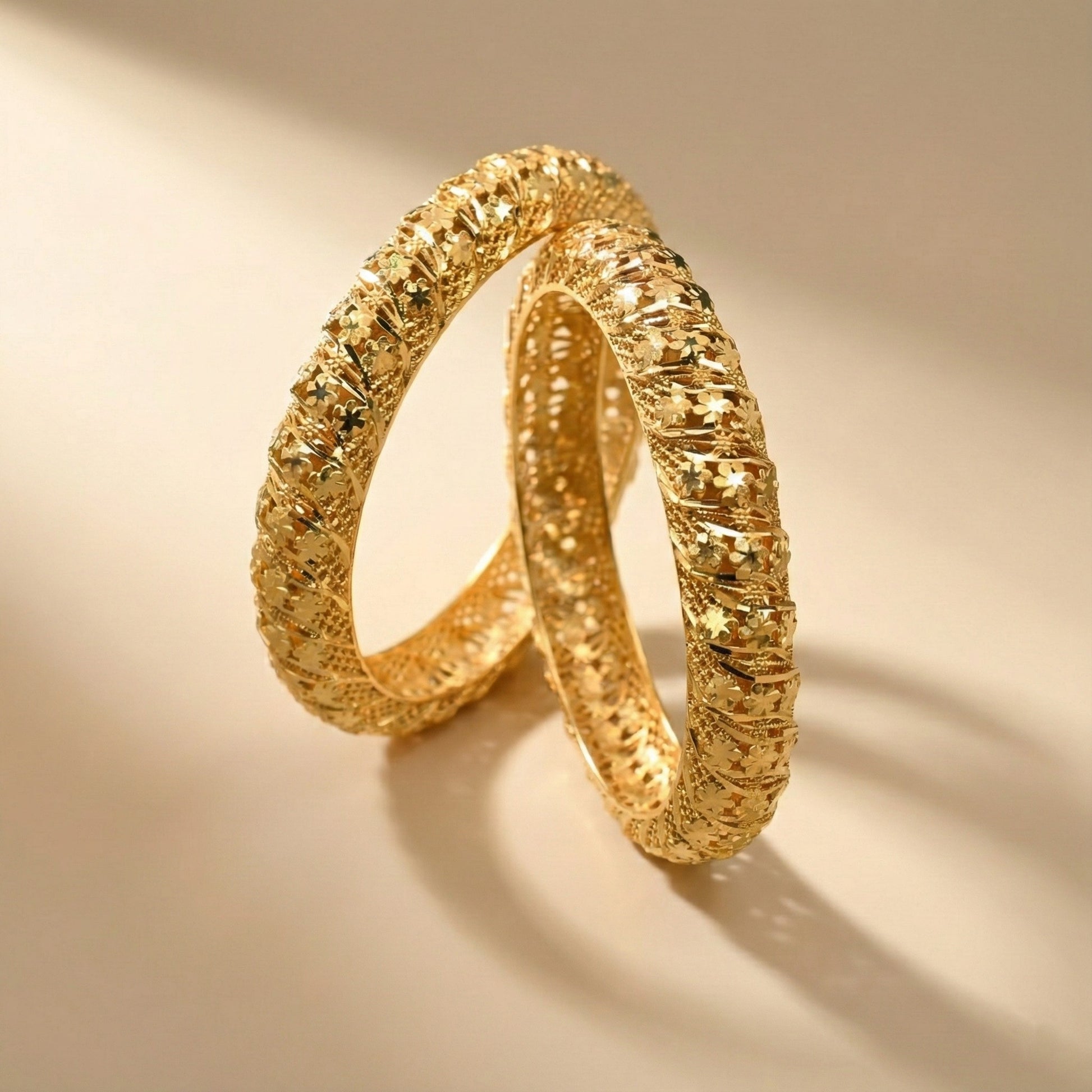 Valerith Dense Floral Engraved Bangles in Silver 925 (Gold Polished)