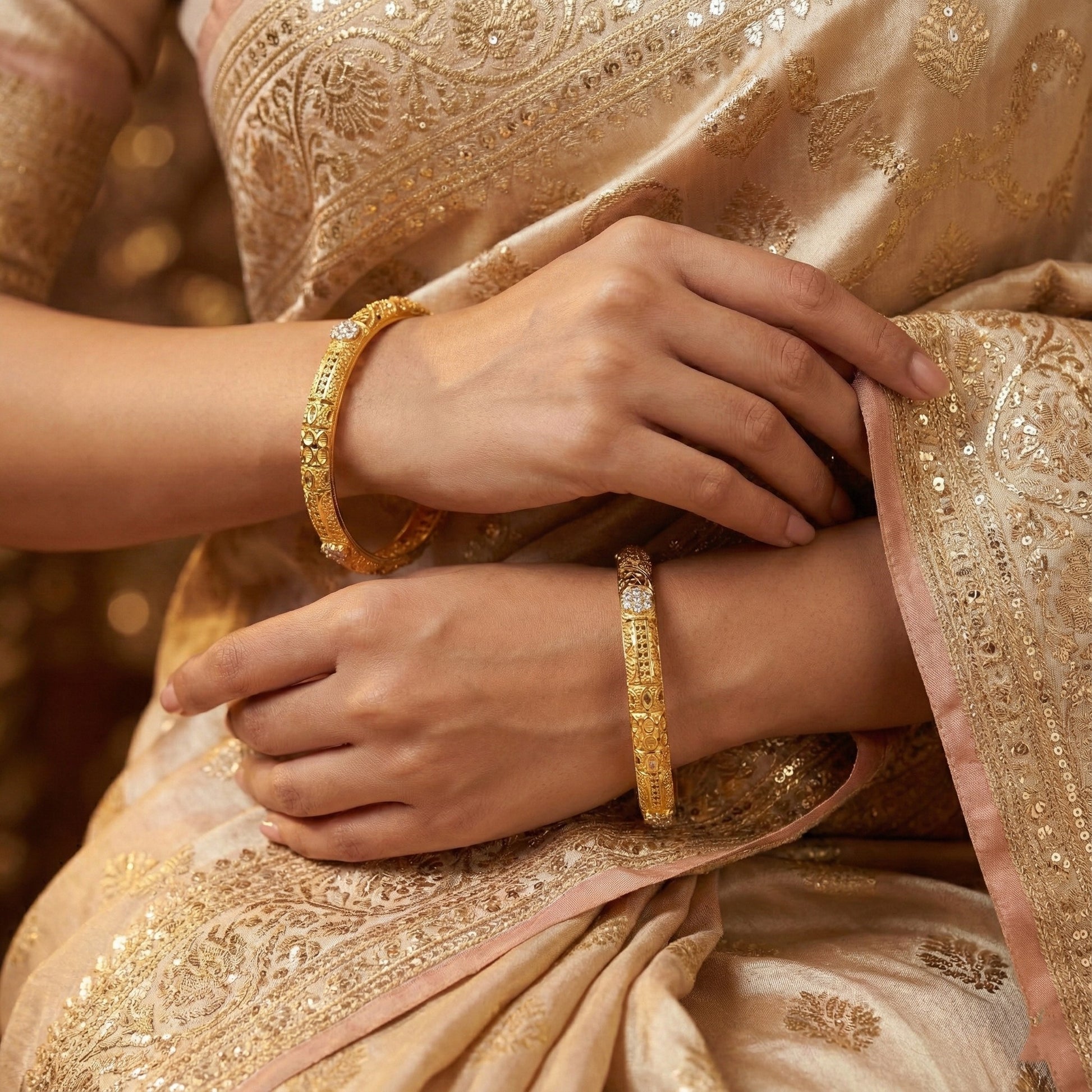 Velrona Textured Engraved Bangles in Silver 925 (Gold Polished)