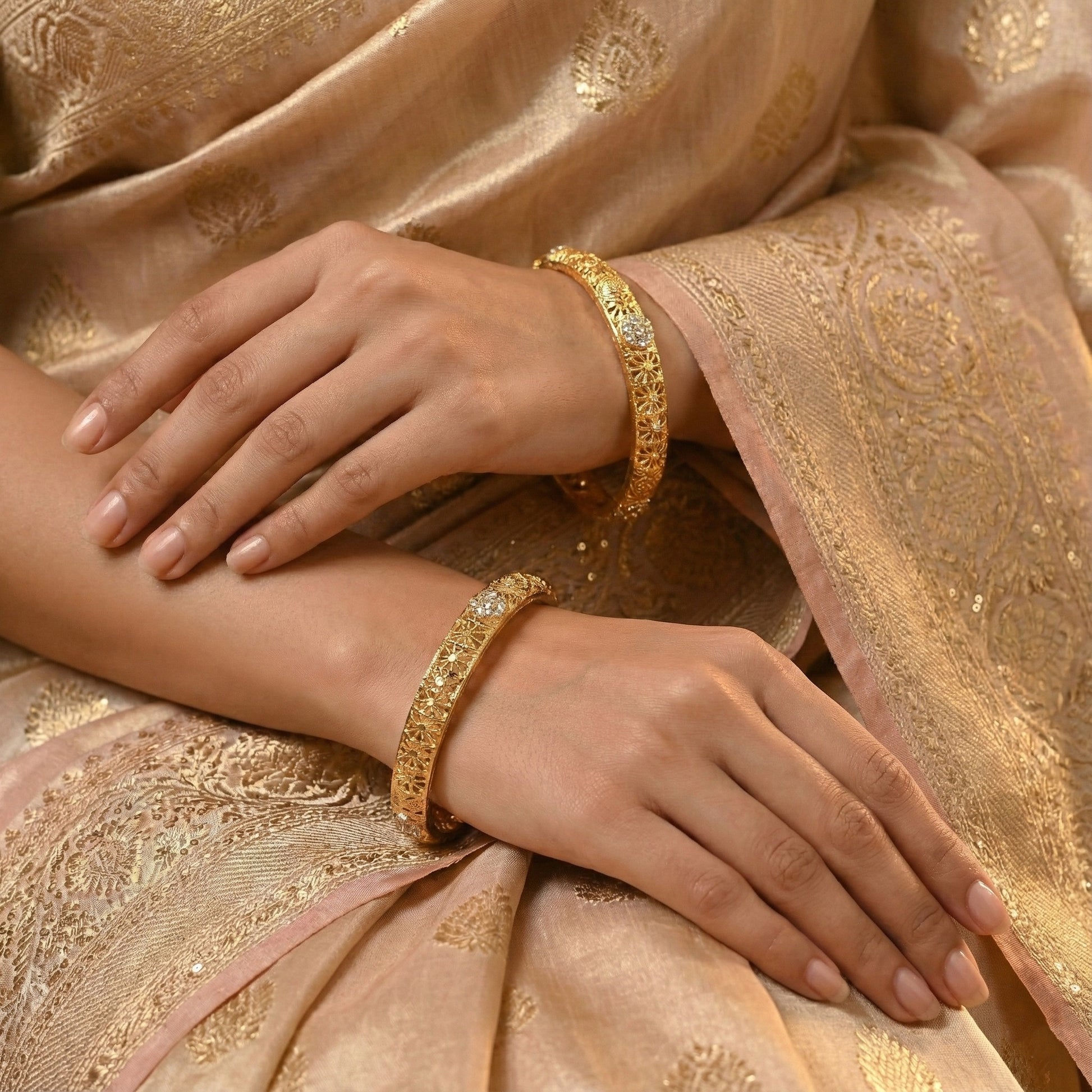 Oravelle Floral Engraved Bangles in Silver 925 (Gold Polished)