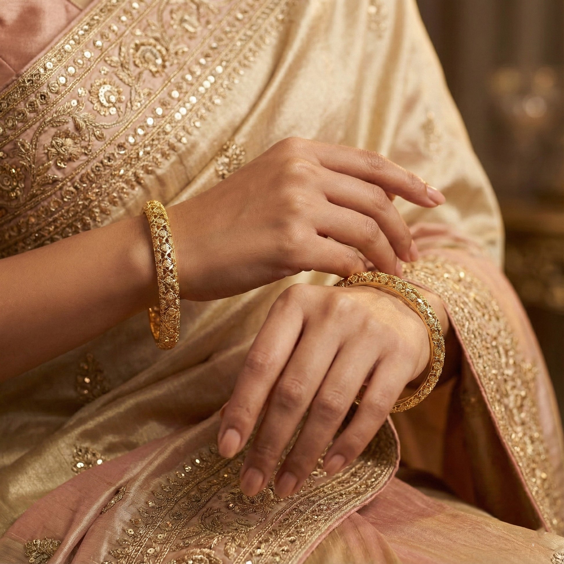 Seravine Lattice Floral Engraved Bangles in Silver 925 (Gold Polished)