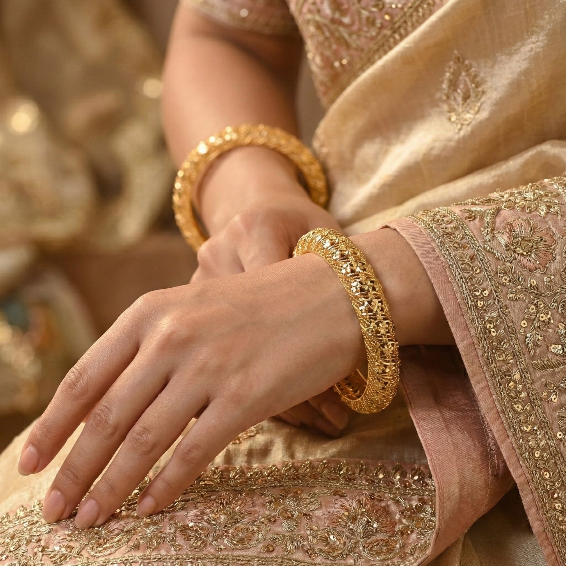 Valerith Dense Floral Engraved Bangles in Silver 925 (Gold Polished)