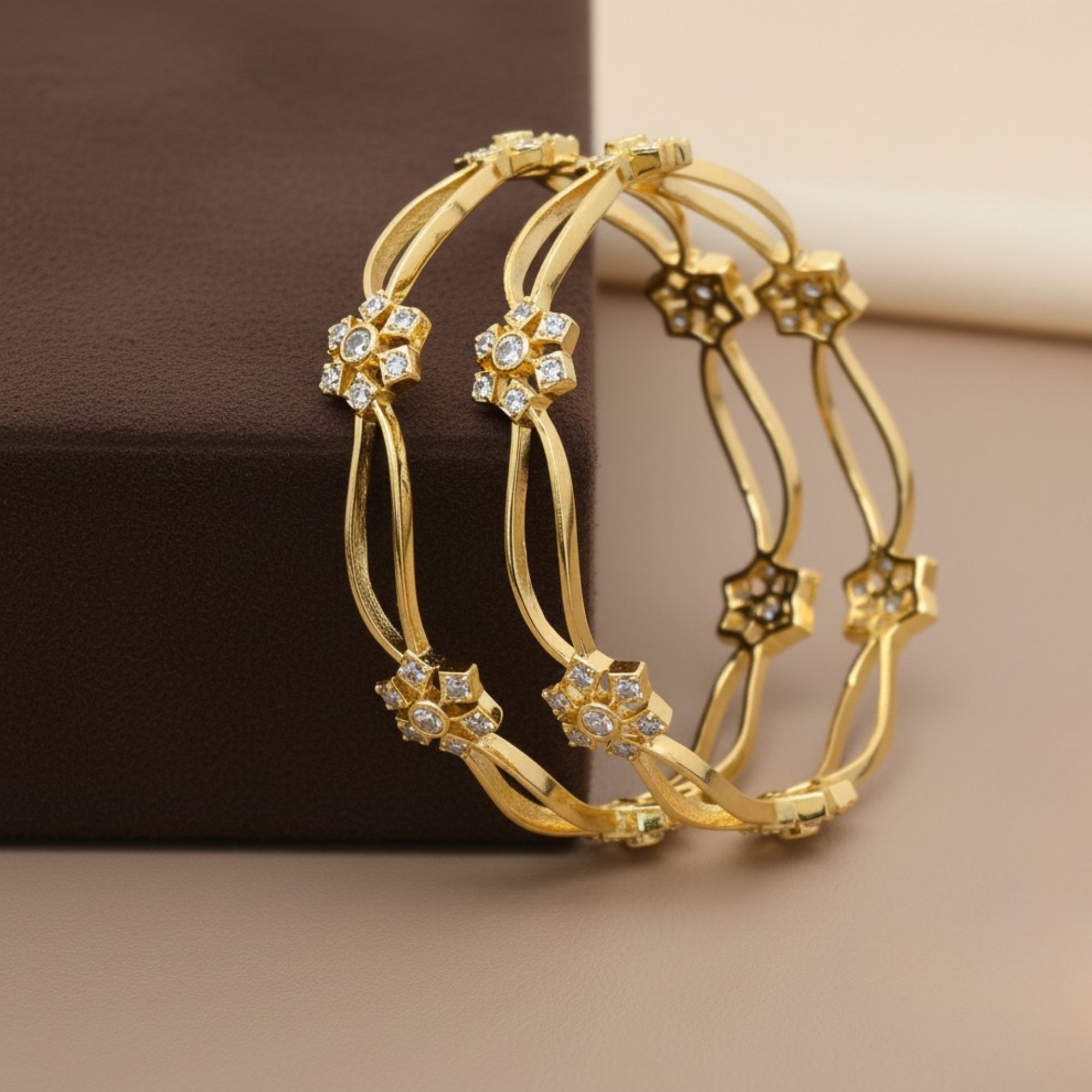 Sarika Bloomwave CZ Silver 925 Bangle Pair (Gold-Plated)