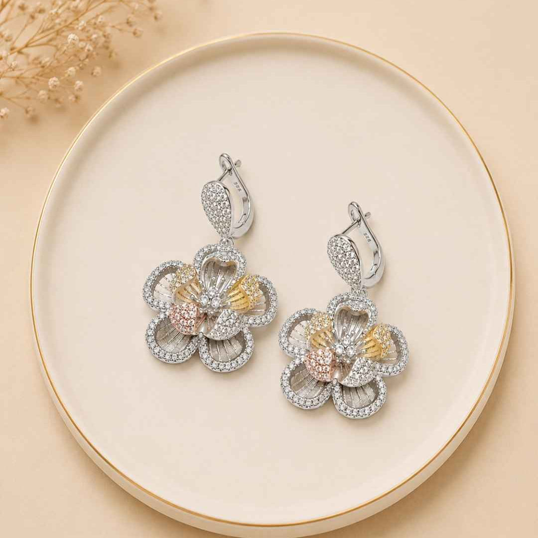 Dual Tone Crystal Bloom Silver 925 Earrings