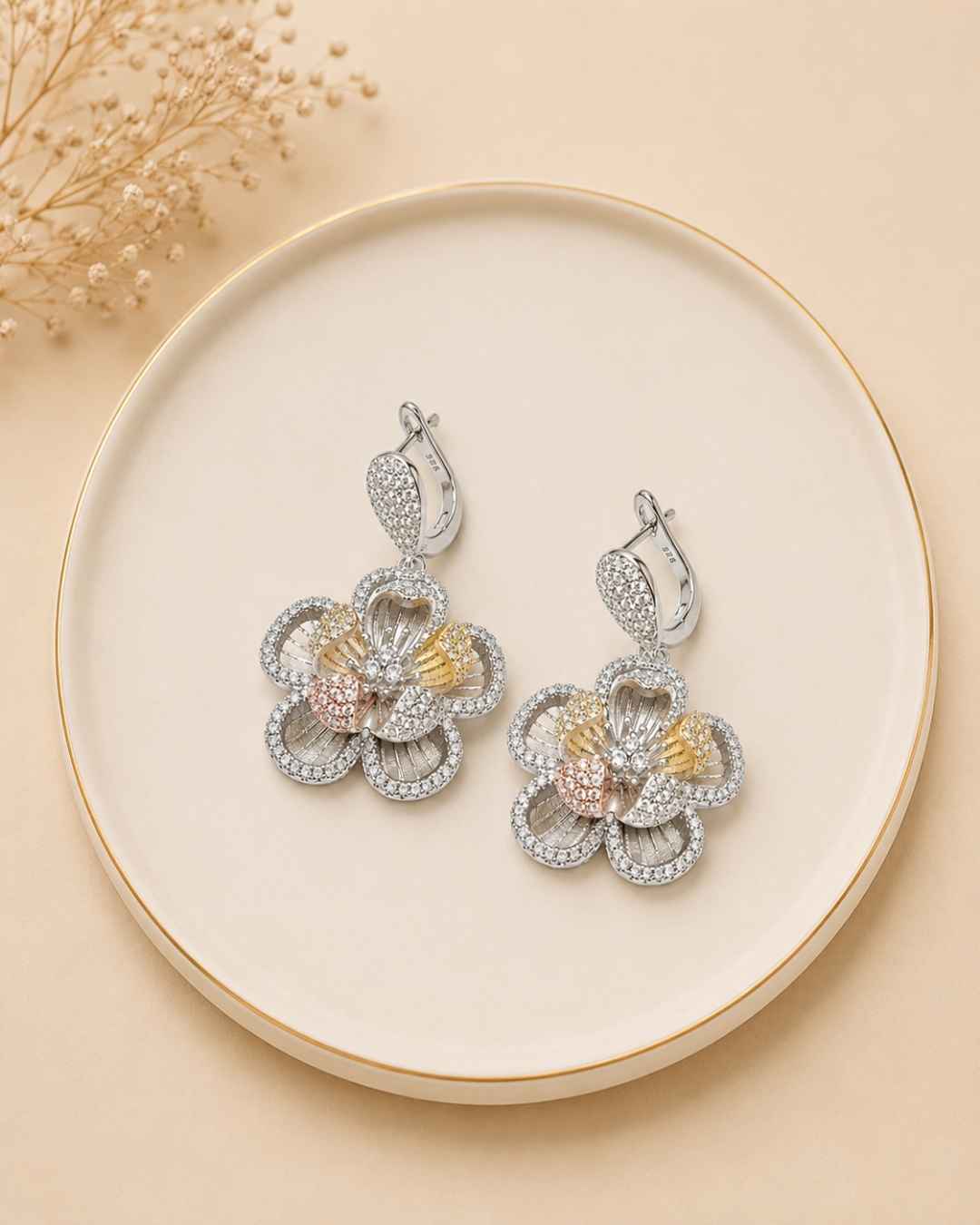 Dual Tone Crystal Bloom Silver 925 Earrings