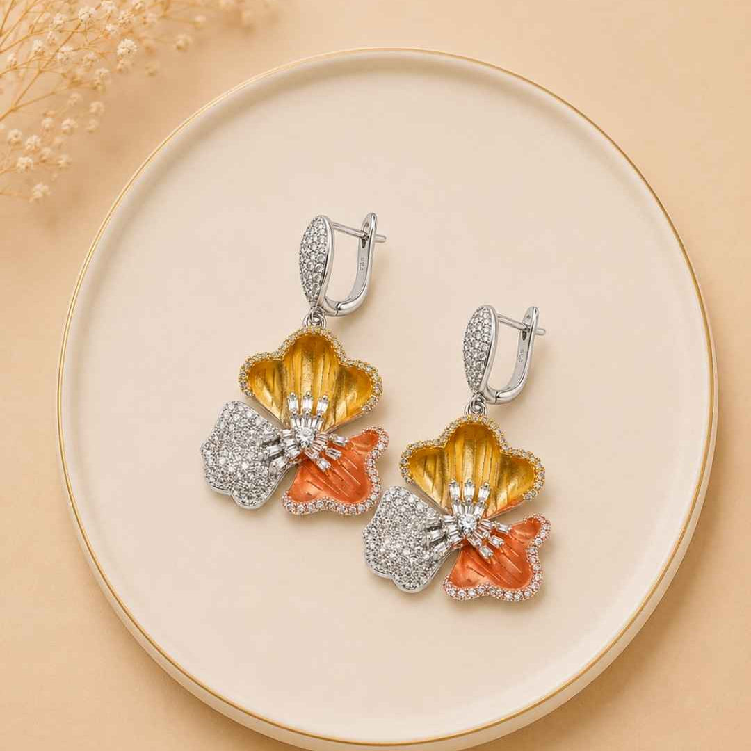 Dual Tone Tri-Petal Blossom Silver 925 Earrings