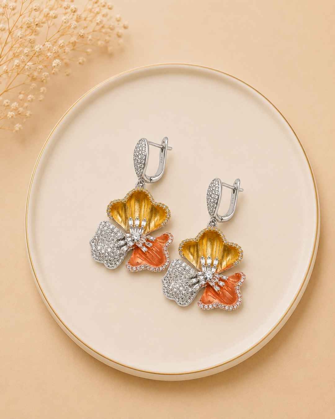 Dual Tone Tri-Petal Blossom Silver 925 Earrings