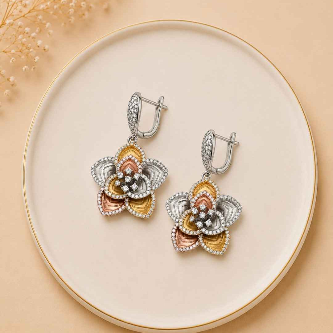 Dual Tone Layered Blossom Silver 925 Earrings