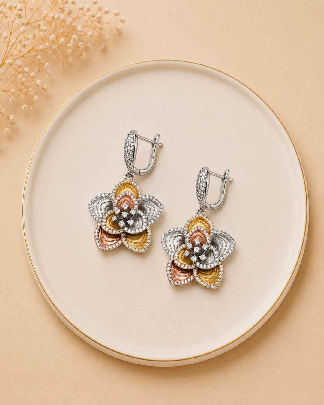 Dual Tone Layered Blossom Silver 925 Earrings
