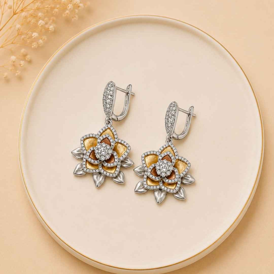 Dual Tone Layered Lotus Silver 925 Earrings