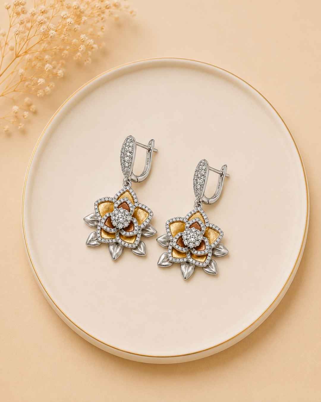 Dual Tone Layered Lotus Silver 925 Earrings