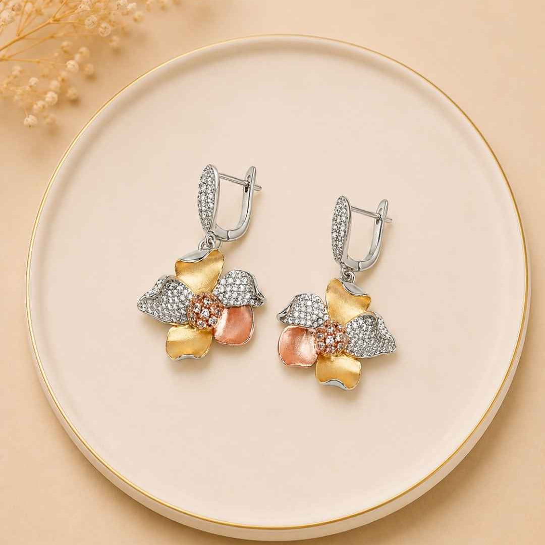 Dual Tone Sculpted Blossom Silver 925 Earrings