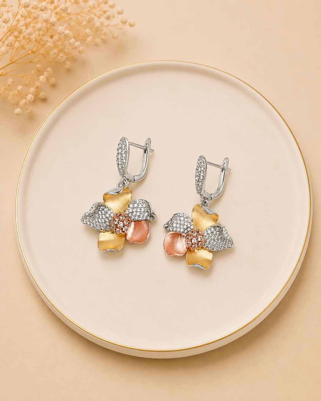 Dual Tone Sculpted Blossom Silver 925 Earrings
