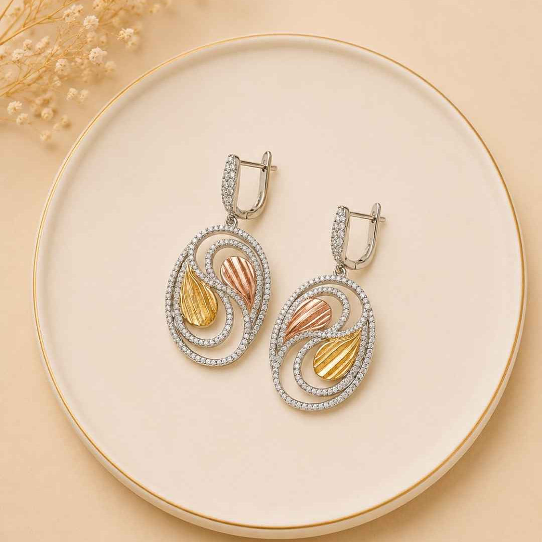 Dual Tone Swirl Leaf Silver 925 Earrings