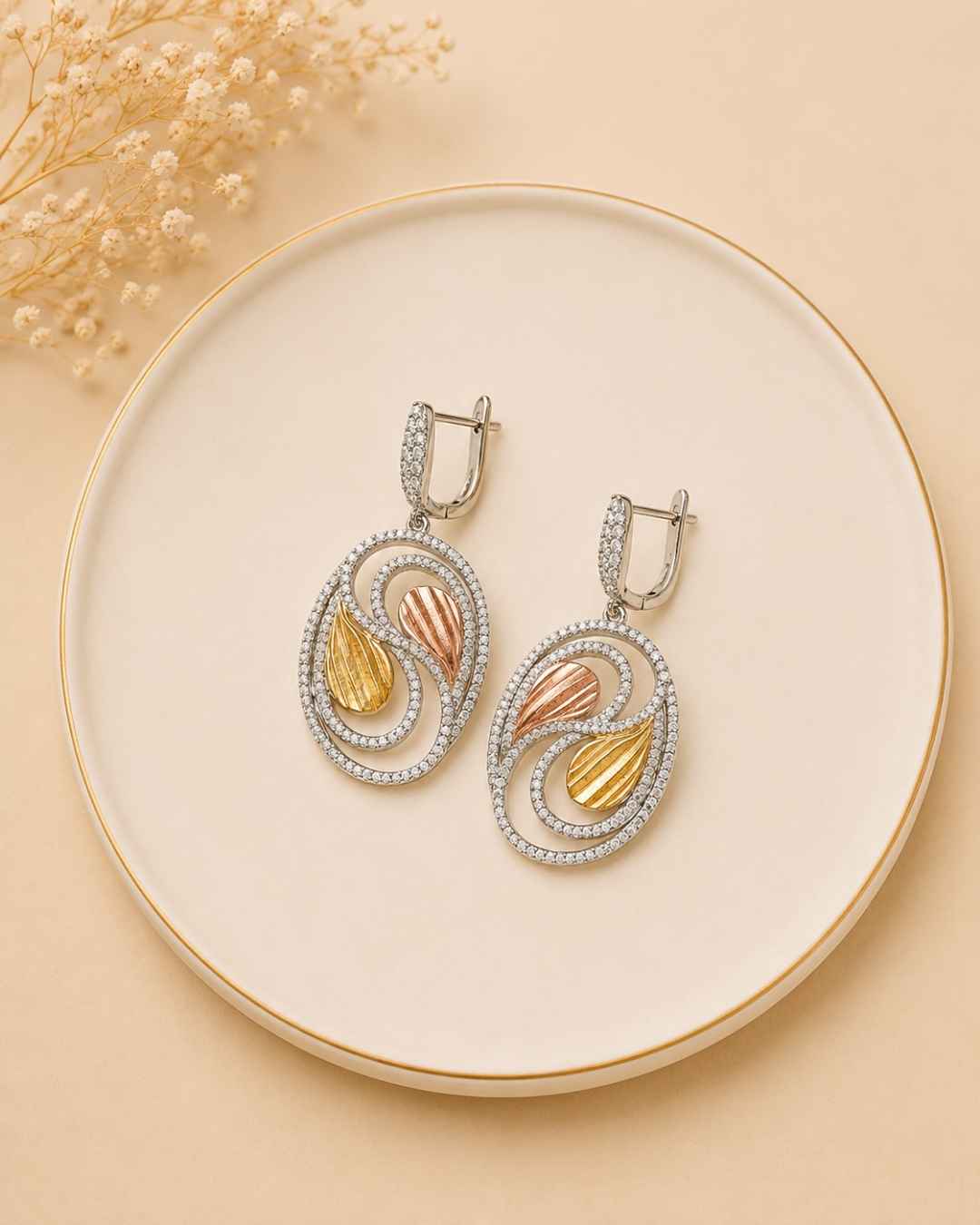 Dual Tone Swirl Leaf Silver 925 Earrings