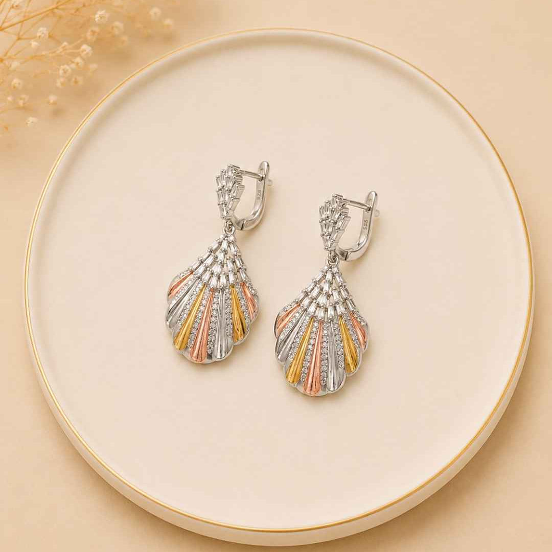 Dual Tone Crystal Shell Silver 925 Earrings