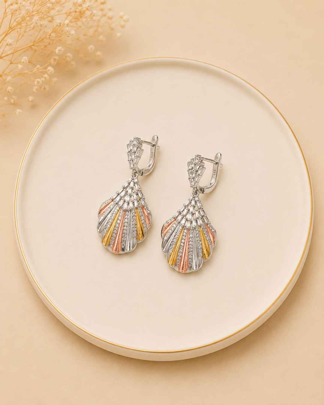 Dual Tone Crystal Shell Silver 925 Earrings