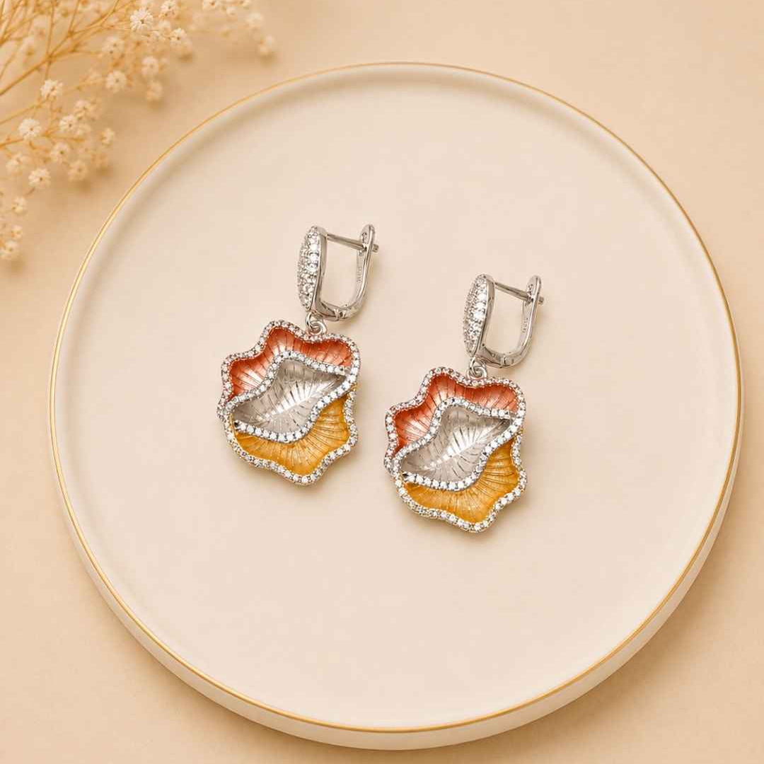 Dual Tone Abstract Petal Silver 925 Earrings