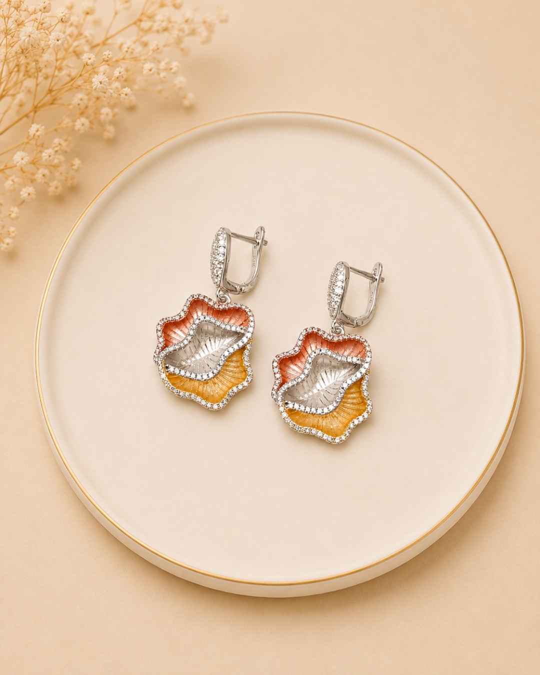 Dual Tone Abstract Petal Silver 925 Earrings